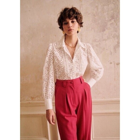 SEZANE Cara Shirt Cream Women’s Size 36 US 4 Eyelet Floral Puff Sleeve Button Up - Picture 6 of 15